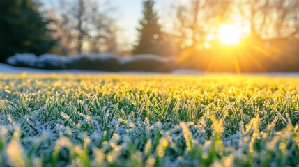 Hoarfrost on the leaves. Beautiful frozen plants. Natural winter texture. Macro nature. Grass with ice crystals on natural blurry bokeh background