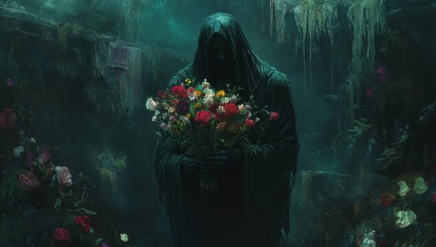 Dark figure holds flowers in misty forest.