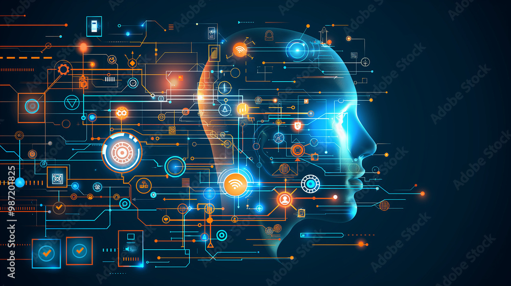 Poster the concept of llm,human head, ai large language model with icons concept. ai deep learning to use f