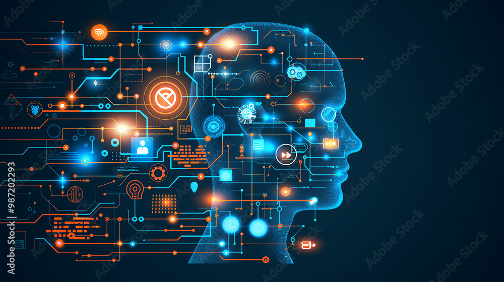 Poster the concept of llm, ai large language model with icons concept. ai deep learning to use for work sup