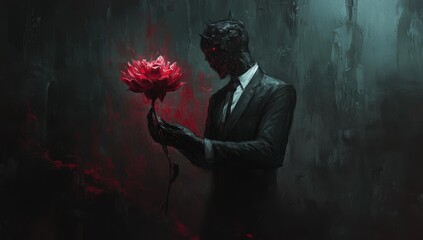 Dark figure in a suit holds a red rose.