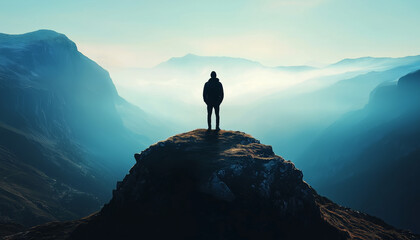 solitary figure standing on a mountain peak, gazing into a vast misty landscape, symbolizing exploration, solitude, and personal journey amidst nature’s grandeur