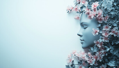 minimalistic floral composition featuring a serene human face adorned with delicate blossoms, symbolizing beauty, nature, and tranquility, with ample copy space for text or design elements
