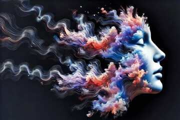 A serene face emerges from swirling colourful clouds, blending dreamlike elements and abstract waves into a peaceful, surreal atmosphere.