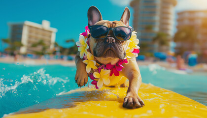 French bulldog in sunglasses and flower lei surfing on a bright yellow board, captured in a tropical beach setting, representing playful vacation vibes, pet photography, and summertime fun, ideal for 