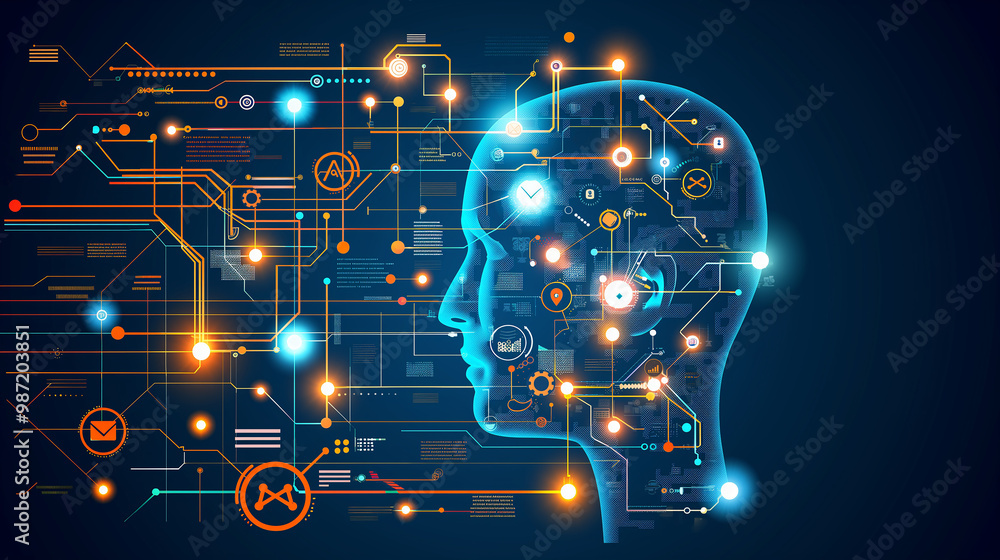Poster the concept of llm, ai large language model with icons concept. ai deep learning to use for work sup