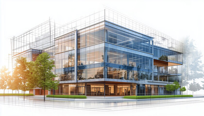 Modern architectural building design with glass windows, surrounded by trees, combining a realistic rendering with conceptual blueprint elements, ideal for showcasing innovative architecture and urban