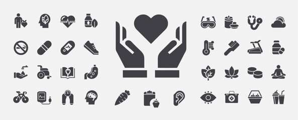 Health wellness glyph icon set, healthcare medical concepts, care prevention treatment well-being