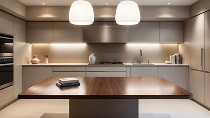 modern kitchen in beige and light grey tones with large wooden table, kitchen utensils and two stylish lamps