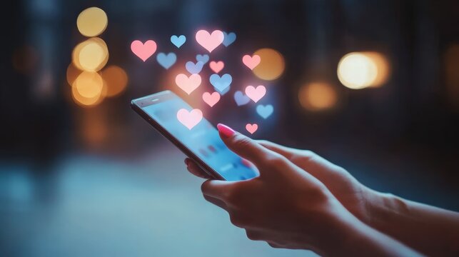 Smartphone in female hands displaying love reactions against a romantic evening backdrop. Ideal for concepts of dating apps and social interactions.
