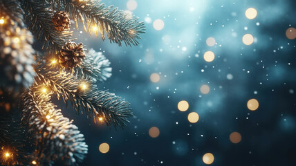 Festive Christmas Garland Bokeh Lights with Blue Backdrop