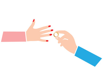 Hand of a man putting a wedding finger on a woman&rsquo;s hand