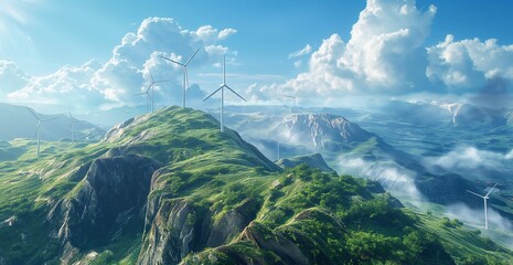 Wind turbines on top of a mountain, against the backdrop of a beautiful landscape. Alternative energy source. 3D rendering