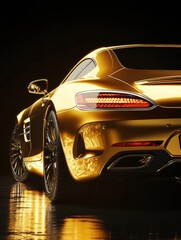 Luxury expensive gold metallic car parked on black background. Sport and modern luxury design car. Shiny clean lines and detailed back view of modern automotive. Automotive advertising banner.