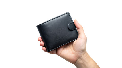 Black leather wallet held in hand, fingers tightly gripping a pile of dollar bills