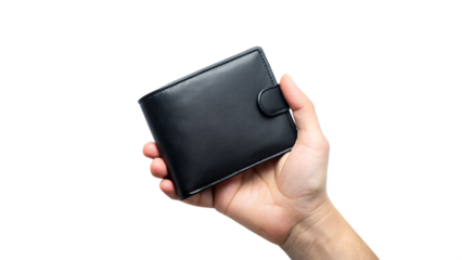 Black leather wallet held in hand, fingers tightly gripping a pile of dollar bills