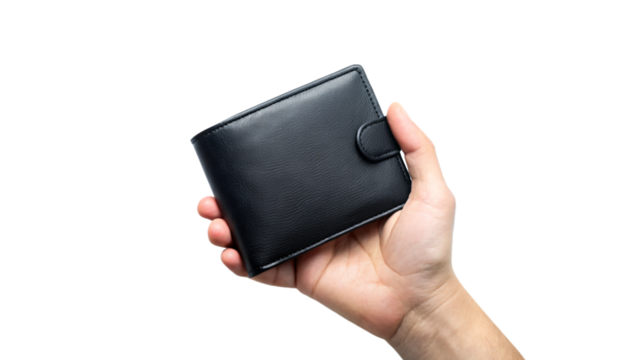 Black leather wallet held in hand, fingers tightly gripping a pile of dollar bills