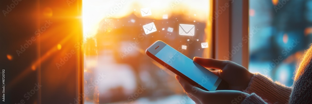 Poster smartphone screen showing emails with a picturesque sunset backdrop, blending technology with everyd