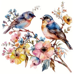 Colorful birds on floral branches