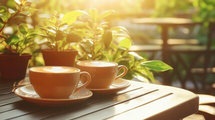 A cup of coffee on a wooden table in a coffee shop against the background of nature, 3D rendering, photorealistic style 