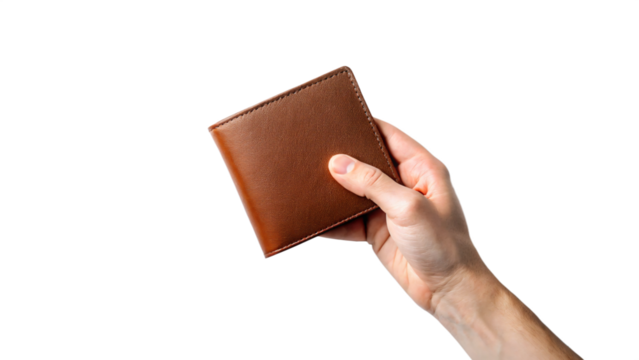 Isolated brown leather wallet in hand holding dollar bill, financial concept