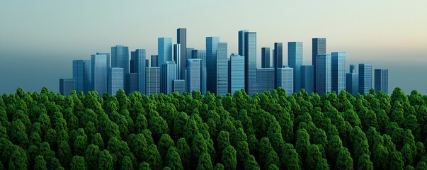 A stunning city skyline rises above a lush green forest, blending nature and urban life in perfect harmony at sunset.