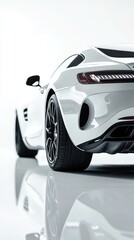 Luxury expensive white car parked on white background. Sport and modern luxury design car. Shiny clean lines and detailed back view of modern automotive. Automotive advertising banner.