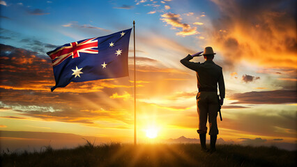Soldier saluting with Australian flag against sunset/sunrise background, Anzac Day, Remembrance Day, military