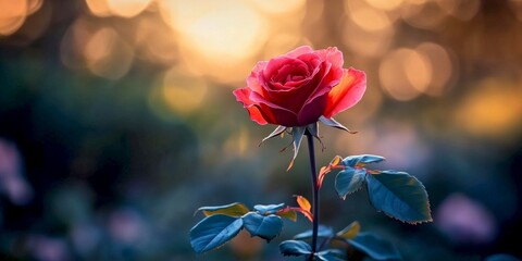 Obraz premium A stunning red rose blooms gracefully in a serene garden. The soft background features blurred lights creating a warm atmosphere. This image captures beauty and tranquility. AI.