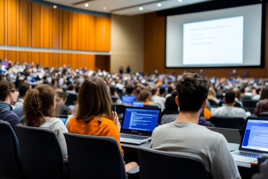 A diverse group of university students (ages 18-25) attend a lecture in a large hall.
