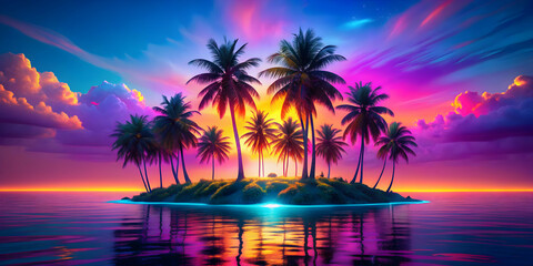 Vibrant neon island surrounded by glowing ocean waters with palm trees and a colorful sunset , vibrant, neon, island