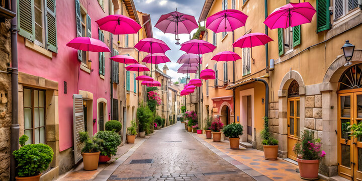 Fototapeta Stunning street in Grasse, France adorned with pink umbrellas , Grasse, France, pink, umbrellas, street, decoration