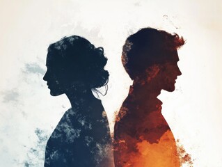 A couple silhouette background looking in different direction , in marriage clash and about to get divorce or to separate.