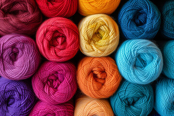 Background with Colorful Skeins of Wool Yarn in Vibrant Array of Colors for DIY Projects