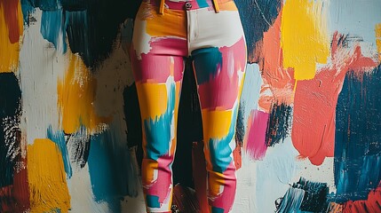 The abstract pattern of pants contrasts against an artistic wall, creating a vibrant scene.