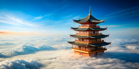 Isometric  of an oriental pagoda building floating in the sky, oriental, pagoda, building, architecture, floating, sky