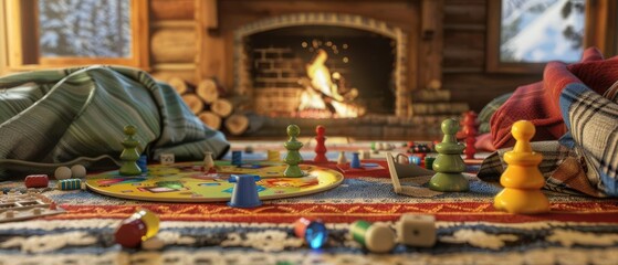 Fototapeta premium A photorealistic image of a family playing board games on a cozy rug in front of a fireplace