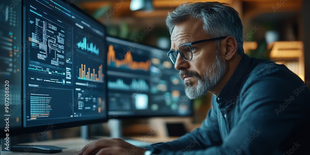 Poster a man in glasses with a beard looks at a computer screen filled with charts and graphs, analyzing da
