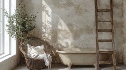 a vintage rattan armchair and distressed wooden ladder in a wabi-sabi bathroom create a warm and inviting living space banner