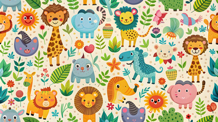 Naklejka premium Seamless pattern featuring various animals in a playful and colorful design, wildlife, jungle, safari, cute, fun, repeating