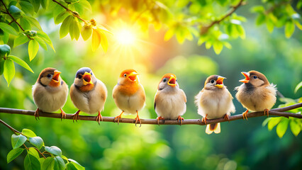 Funny little birds sitting on a branch in a spring sunny park chirping , birds, branch, spring, park, chirping, cute, animals