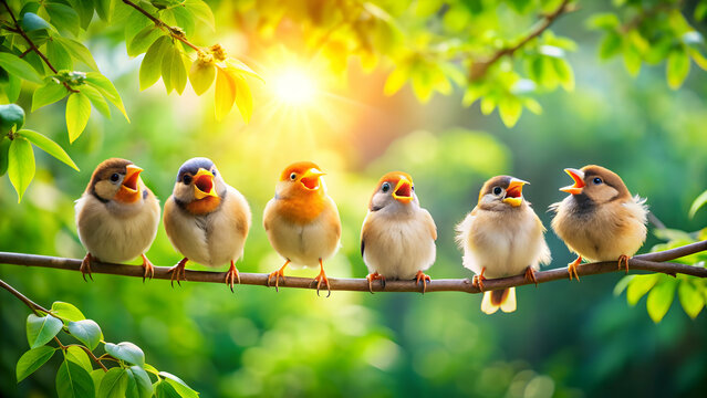 Funny little birds sitting on a branch in a spring sunny park chirping , birds, branch, spring, park, chirping, cute, animals