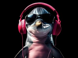 A dolphin in headphones and sunglasses listening to music on a black background.