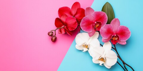 Beautiful orchids in vibrant red and white colors arranged artistically on a pink and blue background. This image captures the elegance of flowers. Perfect for floral design and decoration. AI