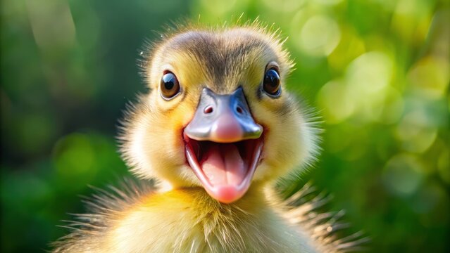 A cheerful duckling with an amusing expression, eyes aglow with mirth, and a beak tilted as if ready