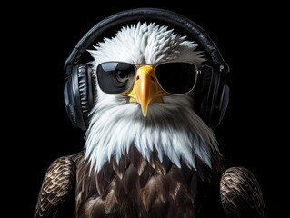 Bald eagle in black sunglasses and headphones on a black background looks cool. Creative design. Music, playlist cover design.