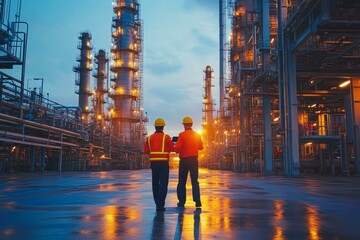 Two engineers in safety gear survey an illuminated industrial refinery during dusk ideal for themes of industry, technology, teamwork, and infrastructure development,