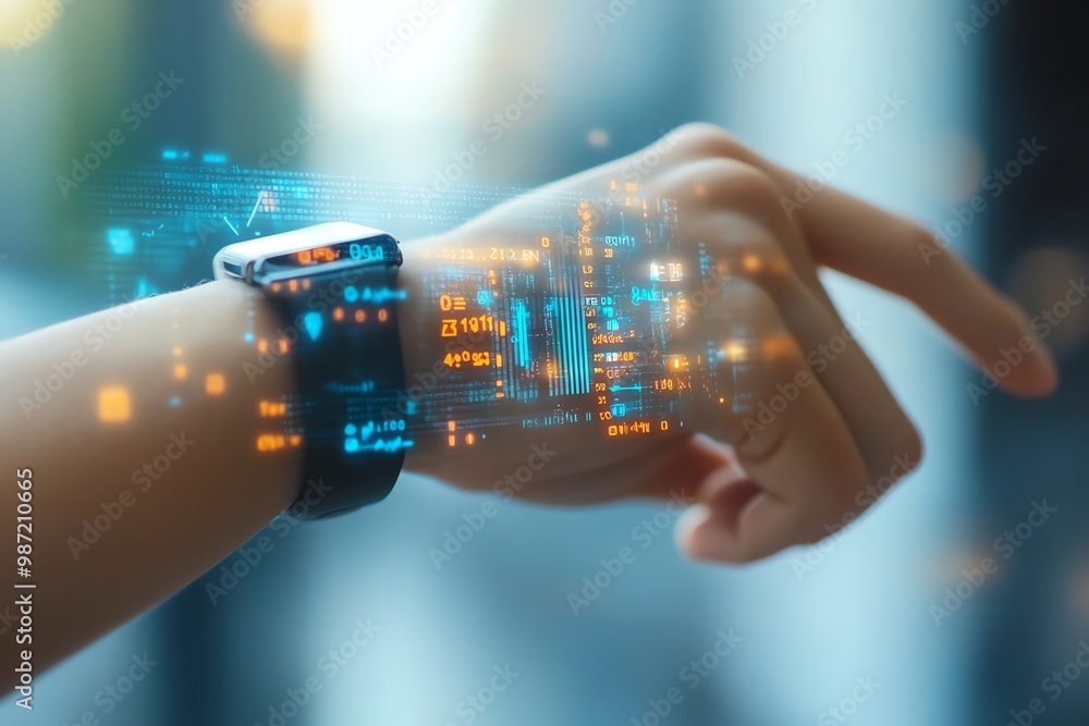 Poster a person wearing a smartwatch with a futuristic user interface.