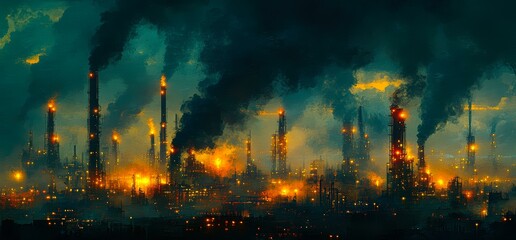 Industrial landscape at night with towering smokestacks emitting heavy smoke and brightly lit flames, illustrating air pollution and environmental concerns, Ideal for use in environmental reports