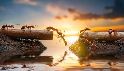 Naklejka premium Team of ants work constructing bridge, teamwork. Team of ants constructing bridge over water